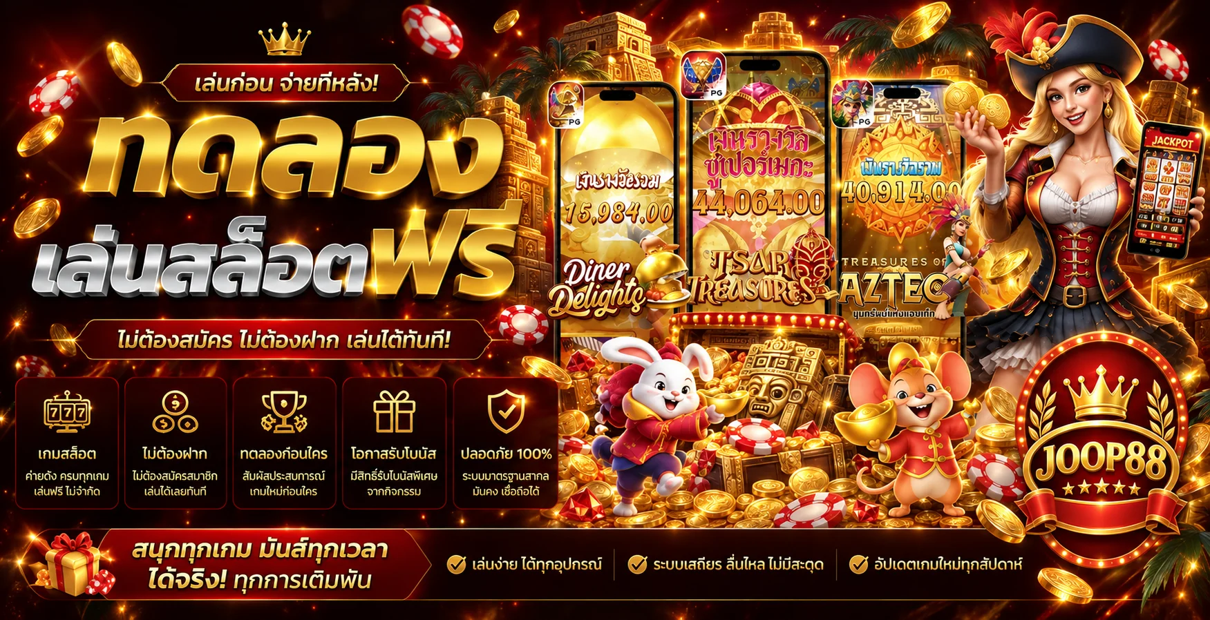 ภาพเกมสล็อตทดลองเล่น JOOP88 พร้อมตัวละครโทนแดงทอง